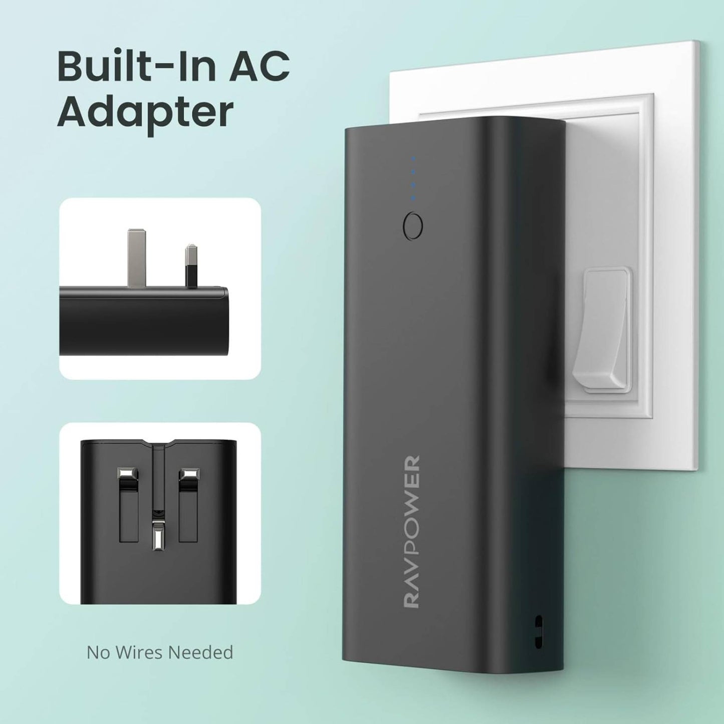 Ravpower RP-RP243 10000mAh 3-Ports With Charger and Power Bank UK Plug - Black