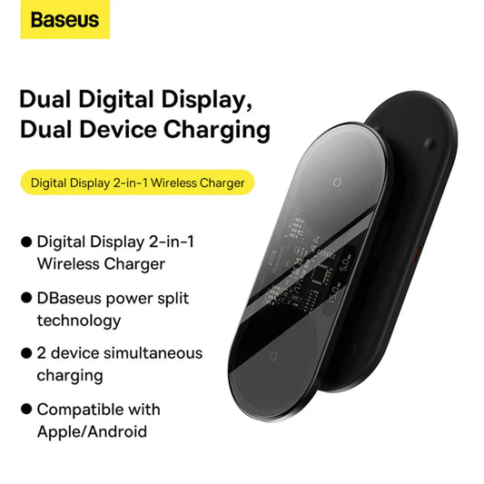 Baseus Digital LED Display 2-in-1 Wireless Charger 20W – Fast Charging Dock with Type-C Cable