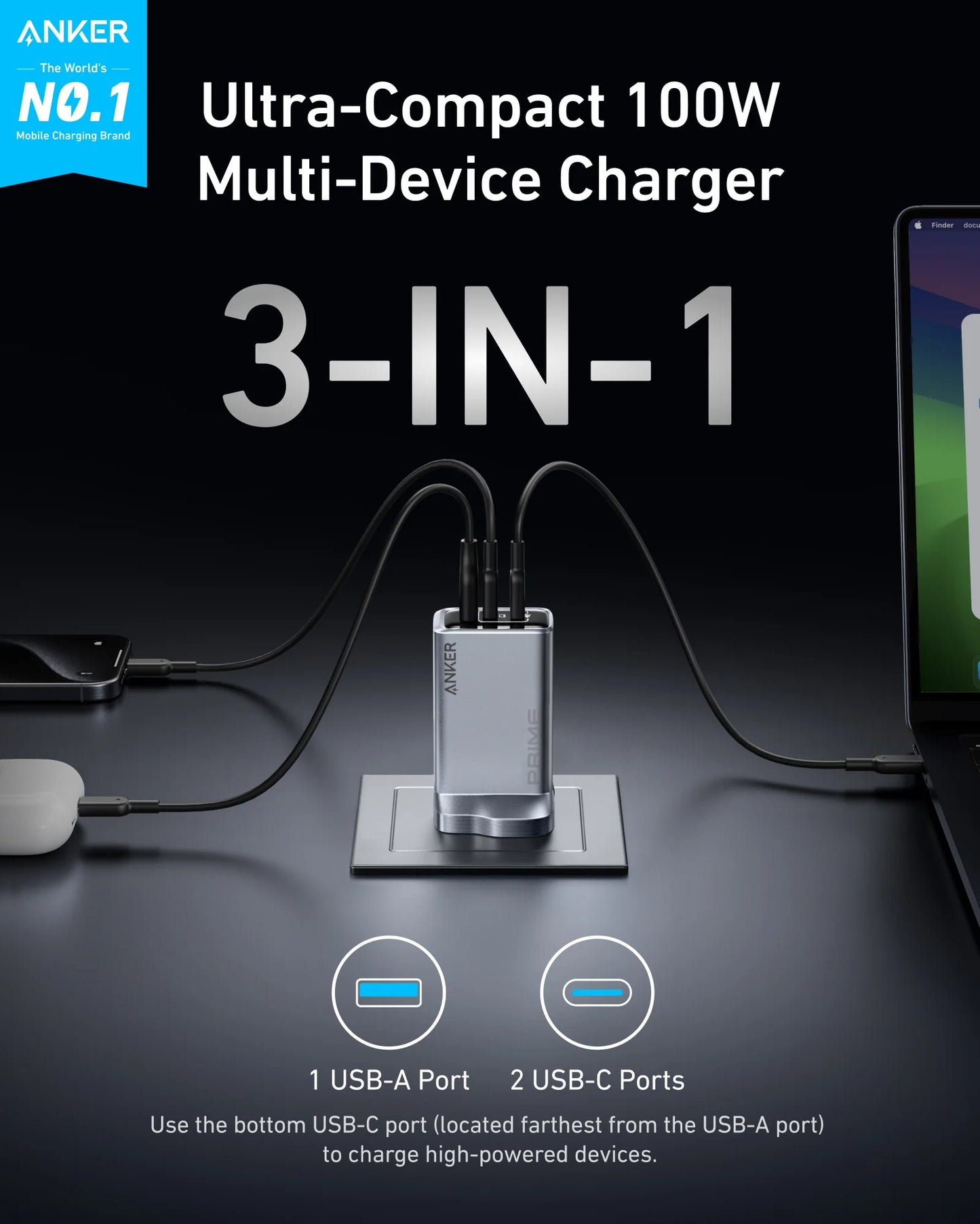Anker Prime Charger (100W, 3 Ports, GaN)