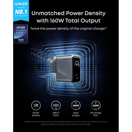 Anker Prime Charger 160W 3-Port USB-C GaN Charger with Smart Display & Bluetooth