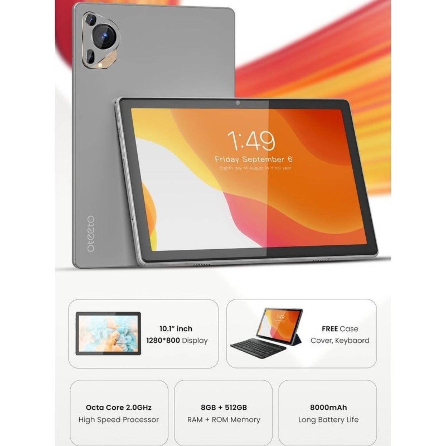 Oteeto TAB 18 10.1 Inch Display Android 15 Tablet with 8GB RAM + 512GB ROM Keyboard