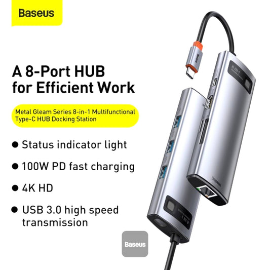 Baseus Metal Gleam Series 8-in-1 Multifunctional Type-C HUB Docking Station - Grey