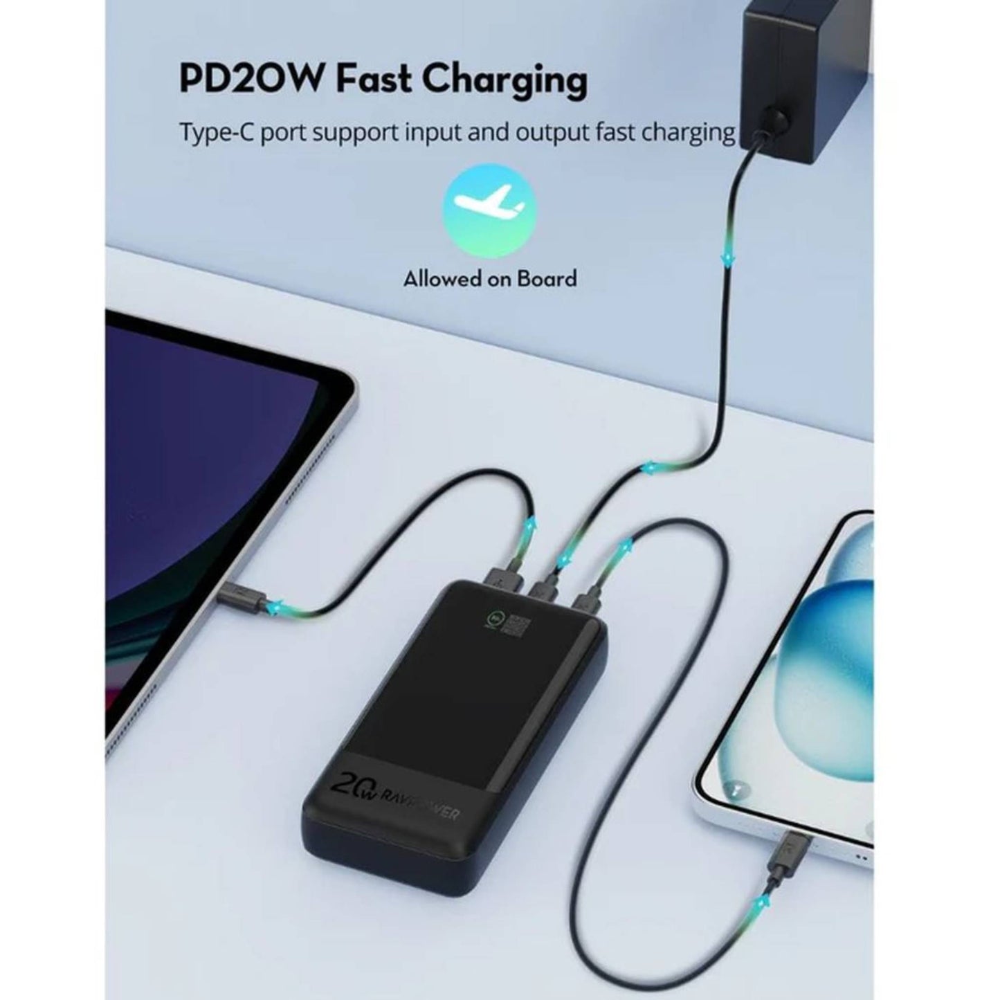 RavPower PB-1238 20000mAh TFT Display Power Bank 2C 1A PD 20W - Black
