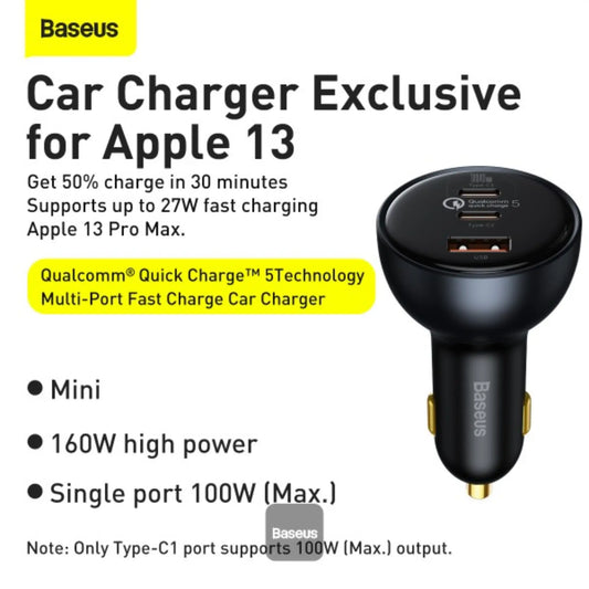 Baseus 160W Car Charger PD USB-C | QC5.0 Fast Charger for MacBook, iPhone, iPad & Xiaomi