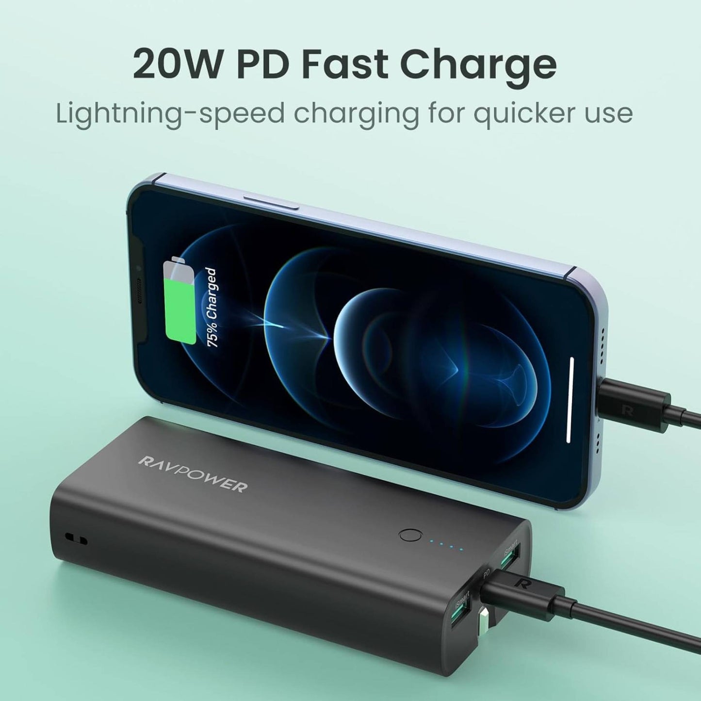 Ravpower RP-RP243 10000mAh 3-Ports With Charger and Power Bank UK Plug - Black