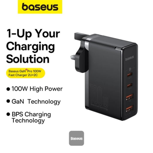 Baseus GaN5 Pro 100W 4-Port Fast Charger UK Plug | 2 Type-C + 2 USB-A with 100W Cable – Black