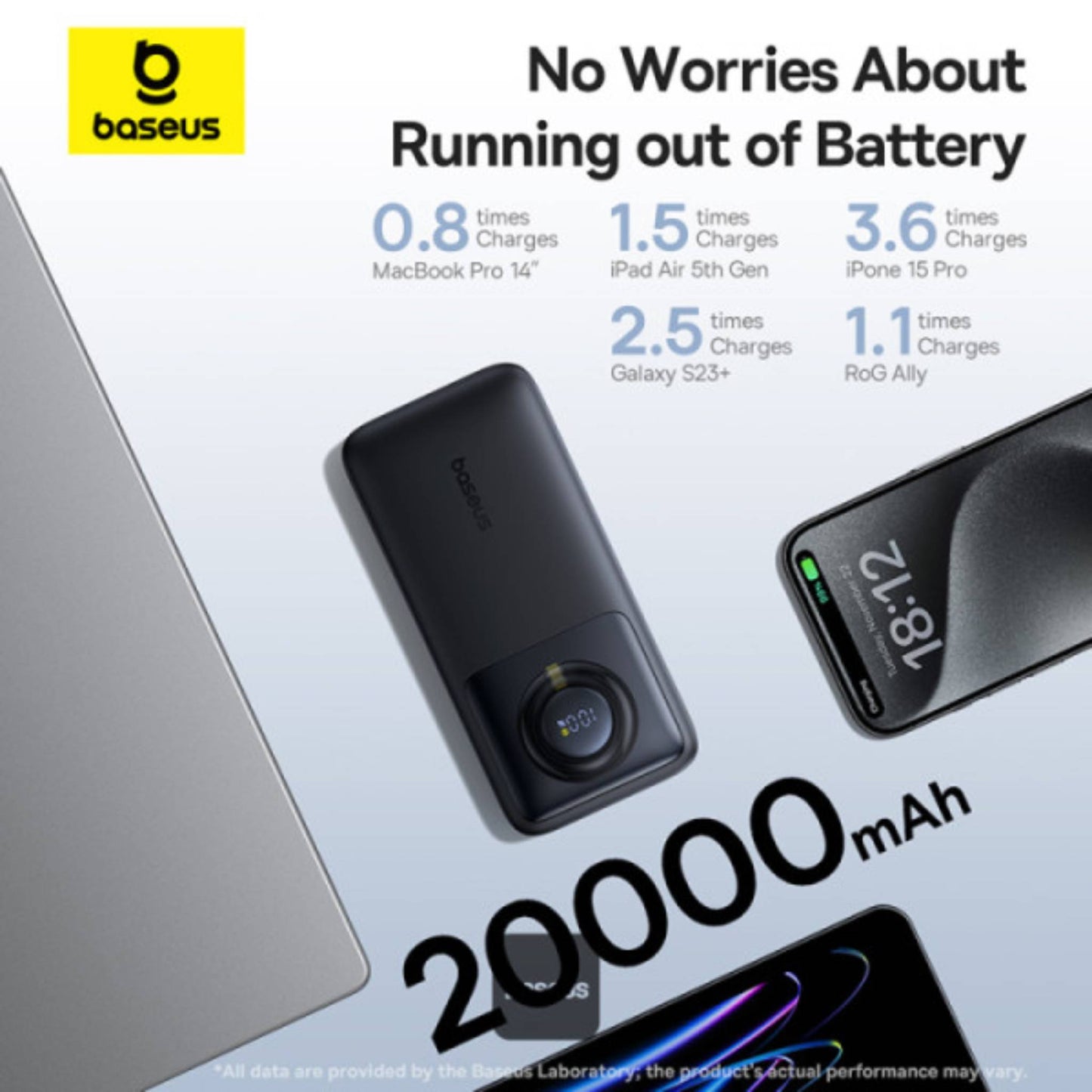 Baseus Free2Pull 20000mAh Power Bank with Built-in Retractable Type-C Cable for Laptop - 65W Fast Charging, Digital Display - Black