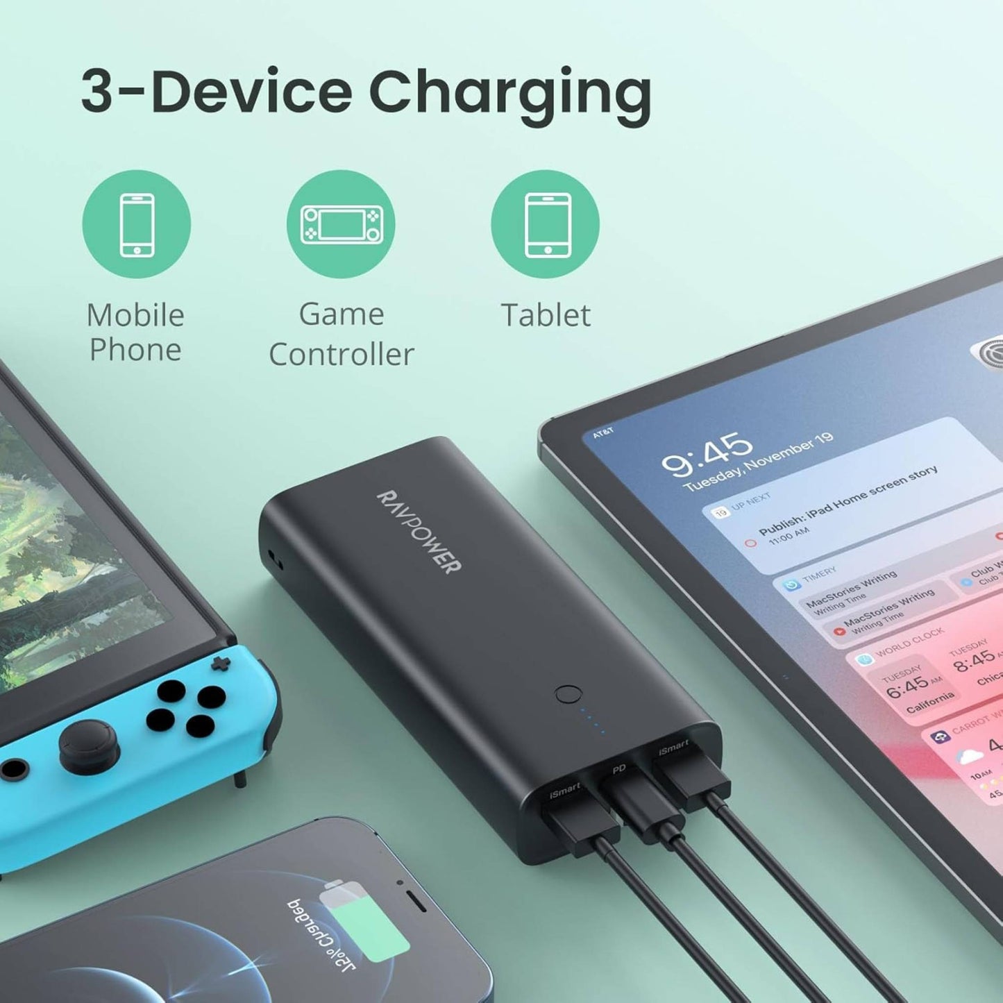 Ravpower RP-RP243 10000mAh 3-Ports With Charger and Power Bank UK Plug - Black