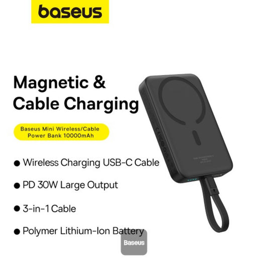 Baseus 10000mAh Magnetic Mini Wireless Fast Charge Power Bank 30W With Built-In Type-C Cable (In and Out) - Black