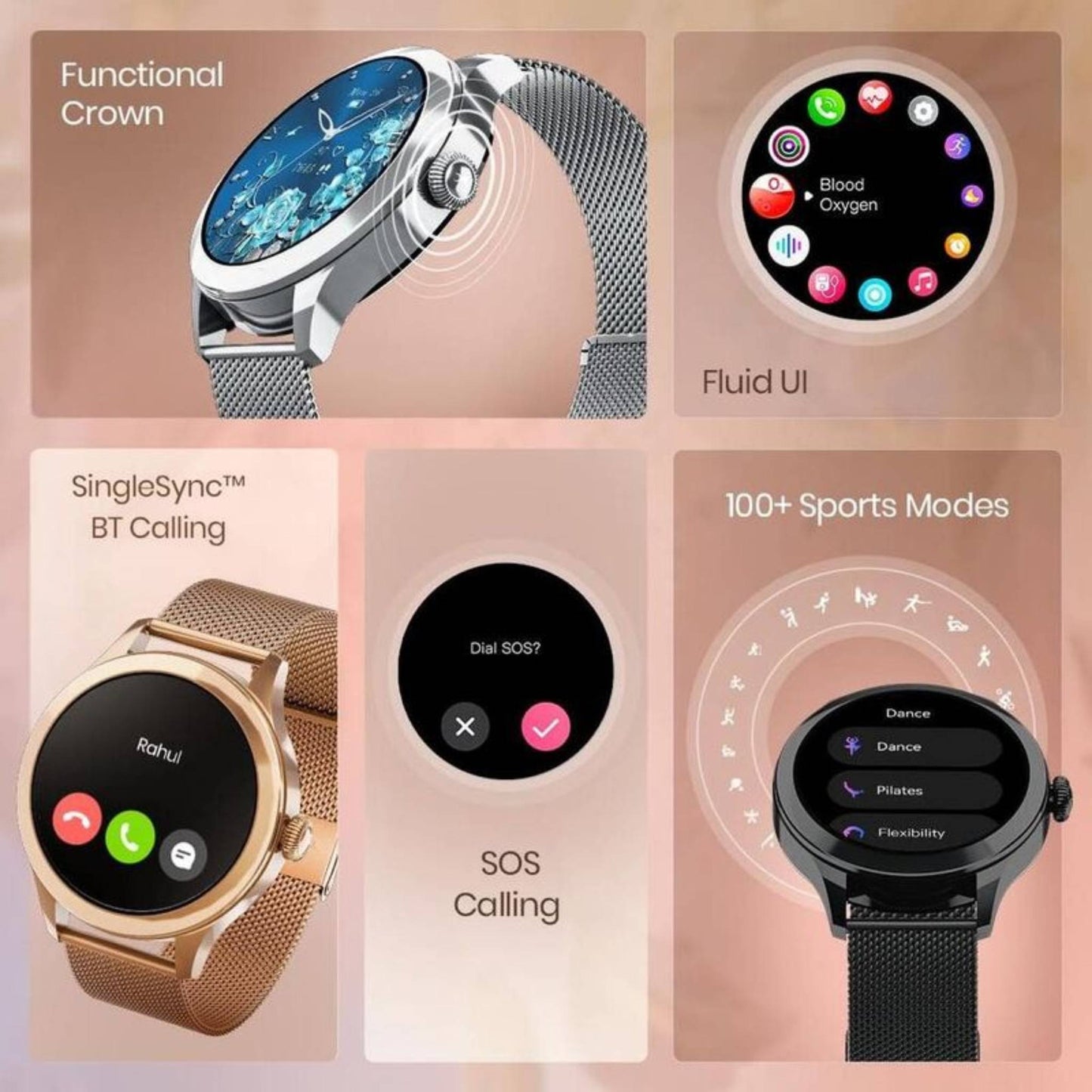 Fastrack Vybe Women’s Smart Watch | Rose Gold Metal body with a vibrant AMOLED round display