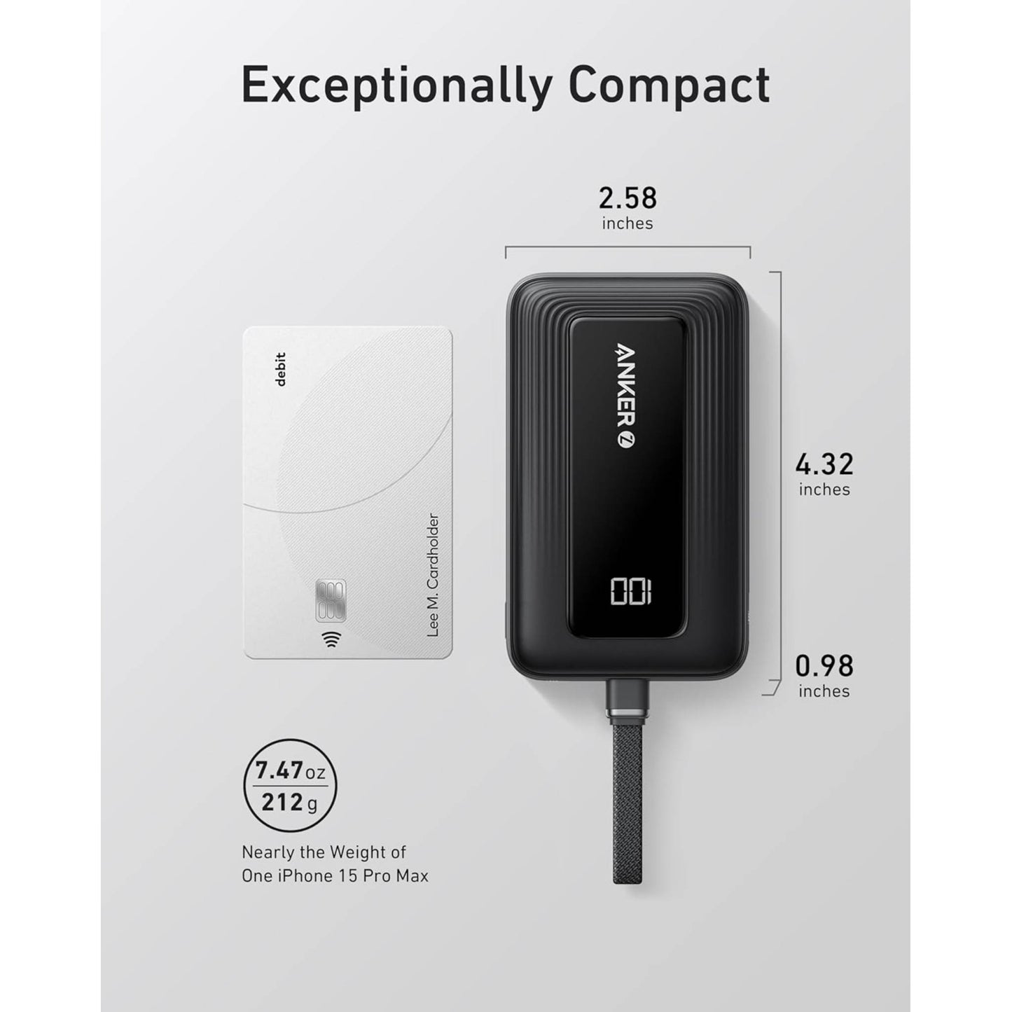 Anker Zolo Power Bank (10K, 30W) with a 5.4-inch (13.7 cm) built-in USB-C cable