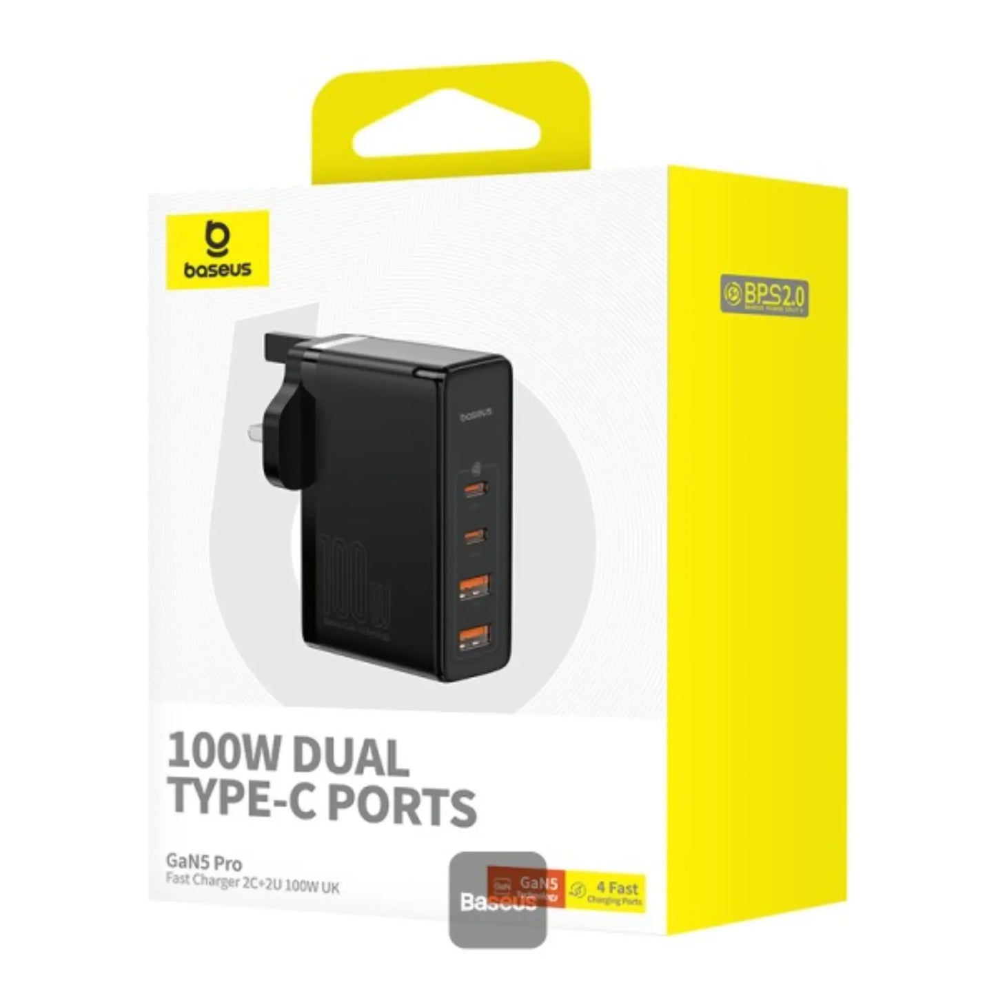 Baseus GaN5 Pro 100W 4-Port Fast Charger UK Plug | 2 Type-C + 2 USB-A with 100W Cable – Black