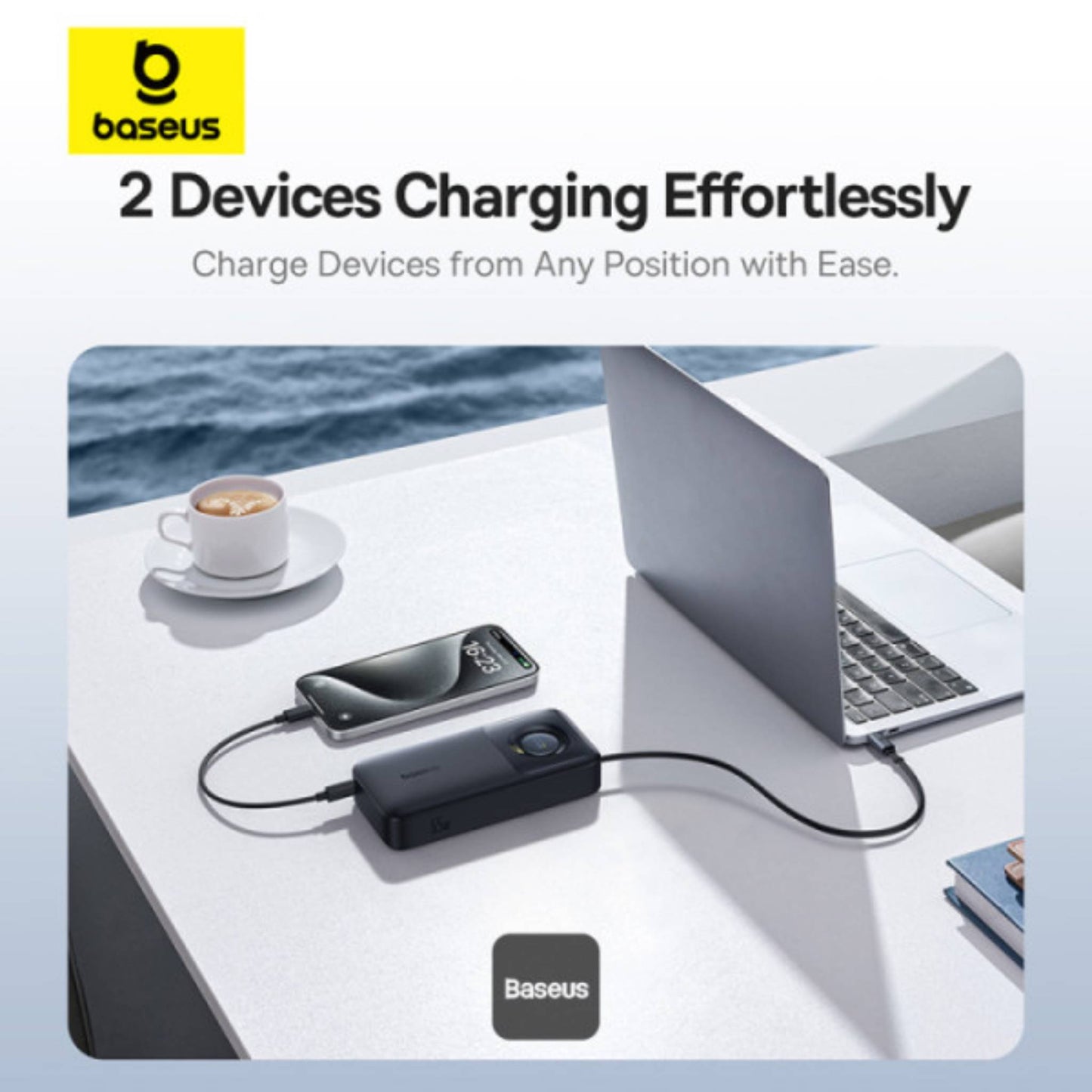 Baseus Free2Pull 20000mAh Power Bank with Built-in Retractable Type-C Cable for Laptop - 65W Fast Charging, Digital Display - Black