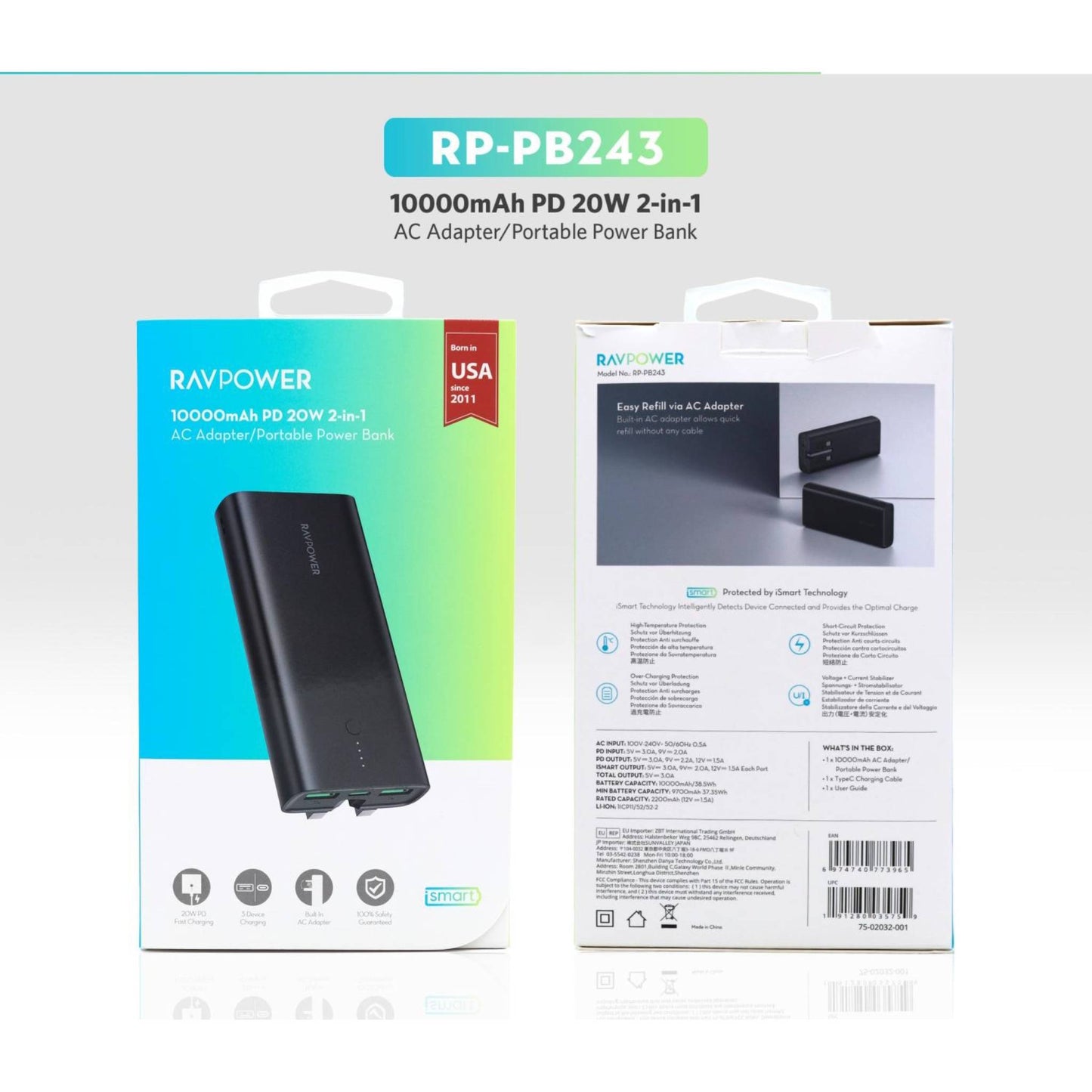 Ravpower RP-RP243 10000mAh 3-Ports With Charger and Power Bank UK Plug - Black