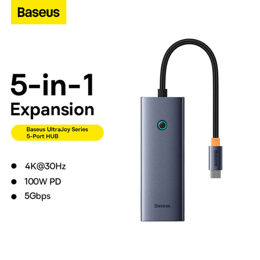 Baseus USB-C 5-in-1 Hub UltraJoy | HDMI 4K, 3× USB 3.0, PD Charging – Grey
