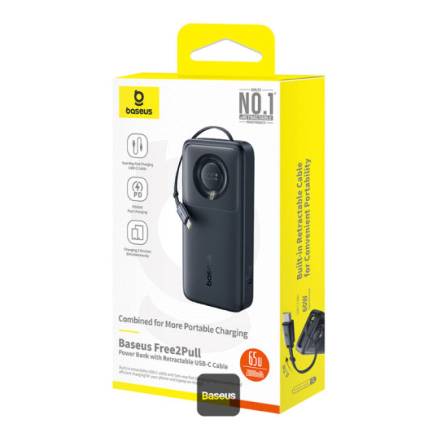Baseus Free2Pull 20000mAh Power Bank with Built-in Retractable Type-C Cable for Laptop - 65W Fast Charging, Digital Display - Black