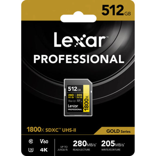 Lexar 512GB Professional 1800x UHS-II SDXC Memory Card GOLD V60 280MB/s