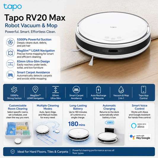 TP-Link Tapo RV20 Max Robot Vacuum & Mop | 5300Pa LiDAR Smart Cleaner