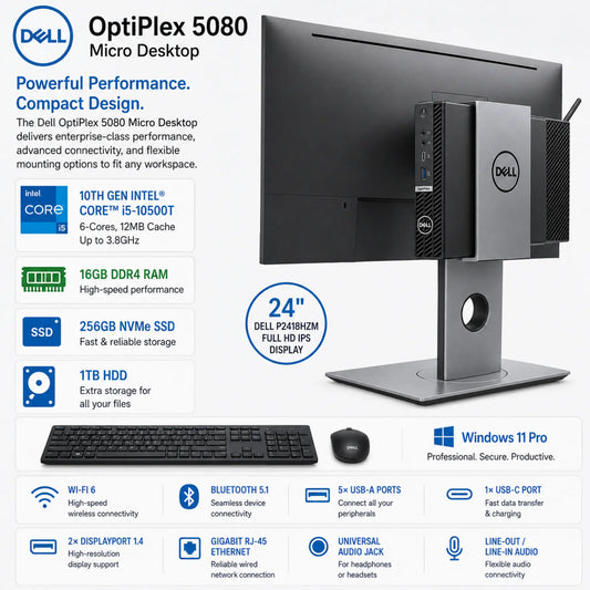 Dell OptiPlex 5080 Micro Desktop | 10th Gen Intel® Core™ i5-10500T | 16GB DDR4 RAM, 256GB NVMe SSD