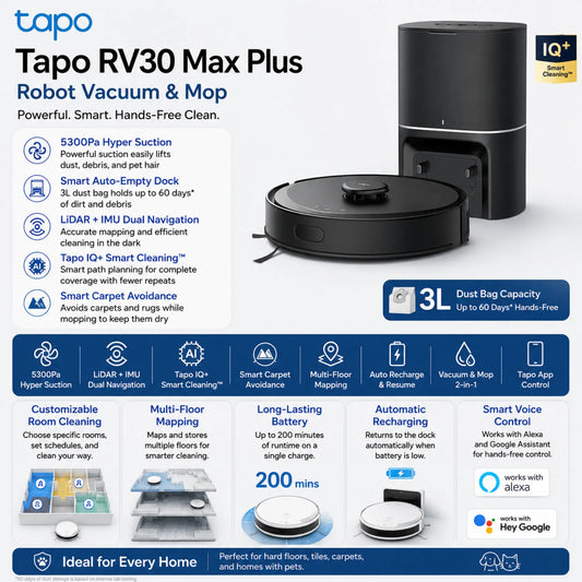 TP-Link Tapo RV30 Max Plus Robot Vacuum & Mop | 5300Pa Suction & Auto-Empty Dock