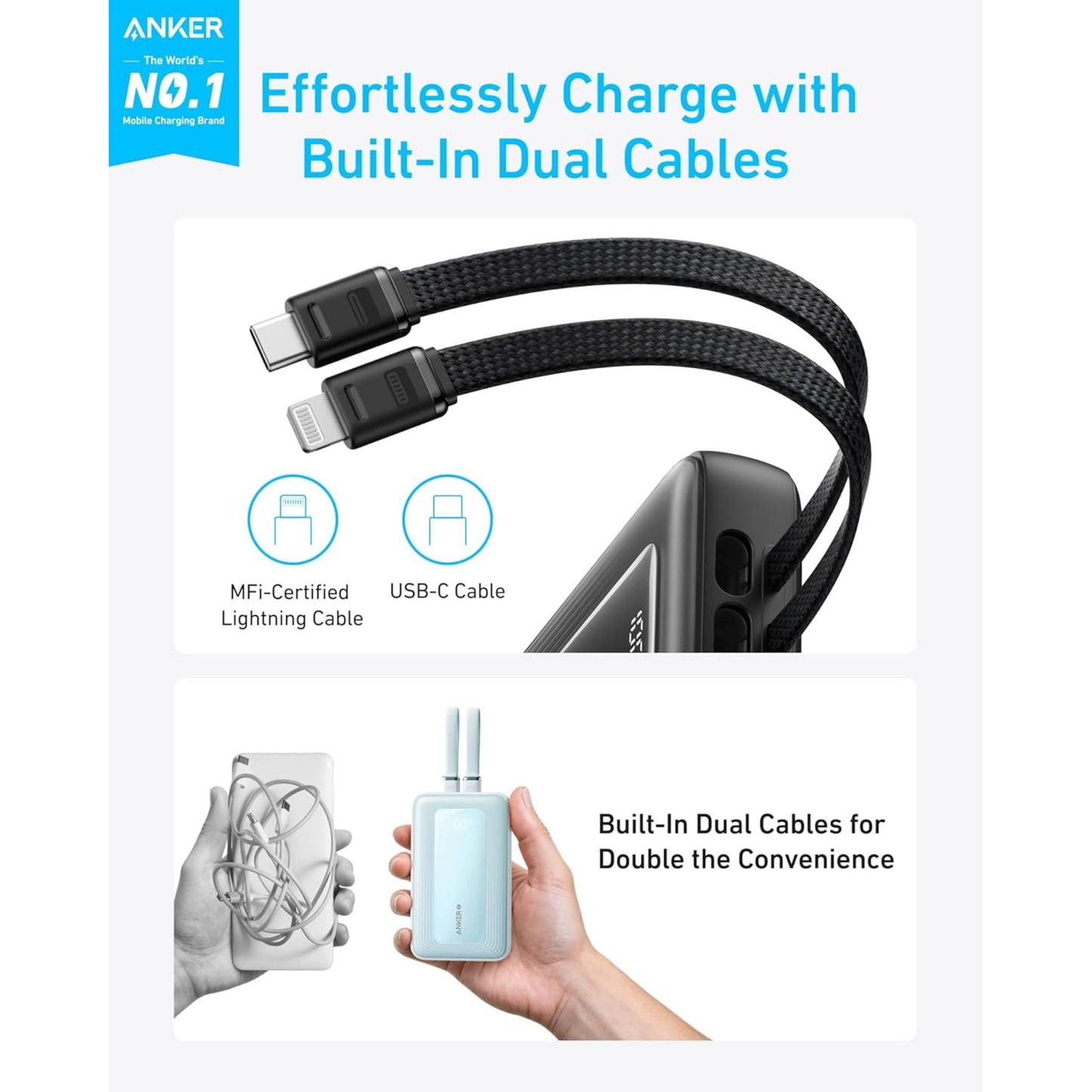 Anker Zolo Power Bank, 10,000mAh 30W Max Fast Portable Charger with Built-in USB-C and MFi Certified Lightning Cables