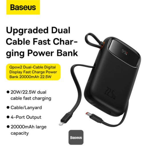 Baseus QPow2 20000mAh Digital Display Fast Charge Power Bank 22.5W With Built-in Dual-Cable Lightning And Type-C