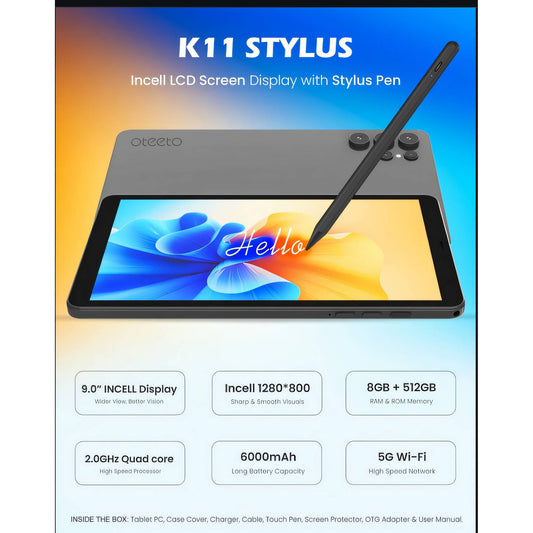 OTEETO K11 Stylus Tablet PC | 9″ INCELL Display, 8GB RAM, 512GB Storage