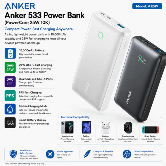 Anker 533 Power Bank PowerCore 25W 10000mAh USB-C Fast Charging Portable Charger