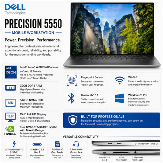 Dell Precision 5550 mobile workstation promotional graphic on a white background, showing an open laptop with a mountain landscape wallpaper, feature icons, Windows and Intel branding, and connector diagrams at the bottom.