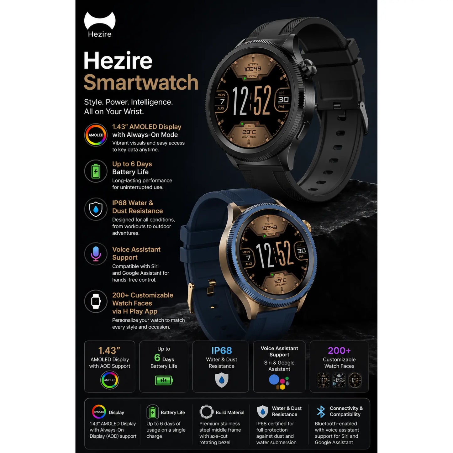 Hezire HWatch Crown Smartwatch – 1.43" AMOLED Display, IP68, 6-Day Battery | HEZ-SW-10