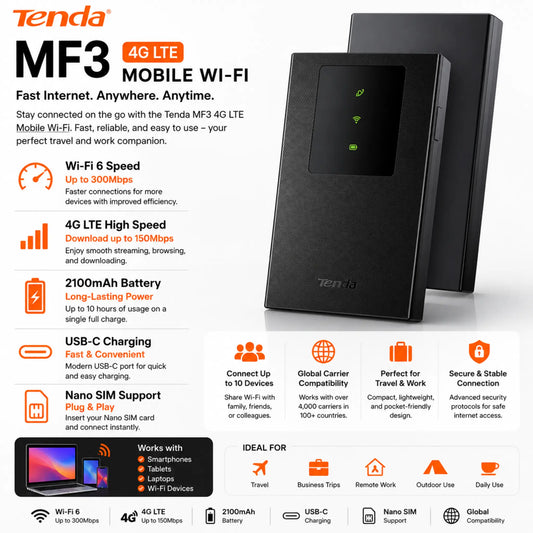 Tenda MF3 4G LTE Mobile Wi-Fi 6 Router | 300Mbps Portable Hotspot