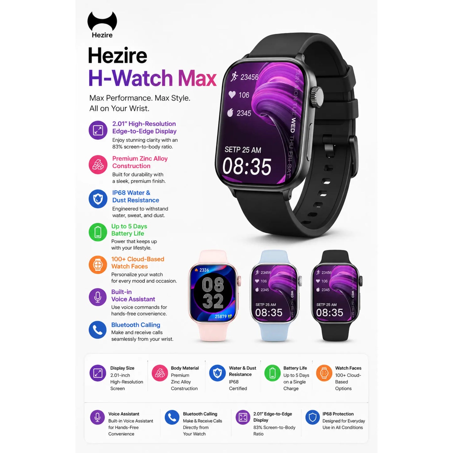 Hezire H-Watch Max Smartwatch – 2.01" Display, Bluetooth Calling, IP68 Waterproof | HEZ-SW-11