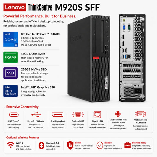 Lenovo ThinkCentre M920S SFF Desktop Computer | 8th Gen Intel® Core™ i7-8700 processor | 16GB DDR4 RAM, 256GB NVMe SSD storage