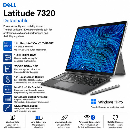 Dell Latitude 7320 Detachable | Intel® Core™ i7-1180G7 | 16GB DDR4 RAM, and 256GB NVMe SSD