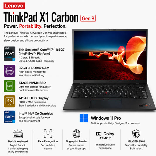 Lenovo ThinkPad X1 Carbon Gen 9 | 11th Gen Intel® Core™ i7-1165G7 (Intel® Evo™) | 32GB RAM, and fast 512GB NVMe SSD