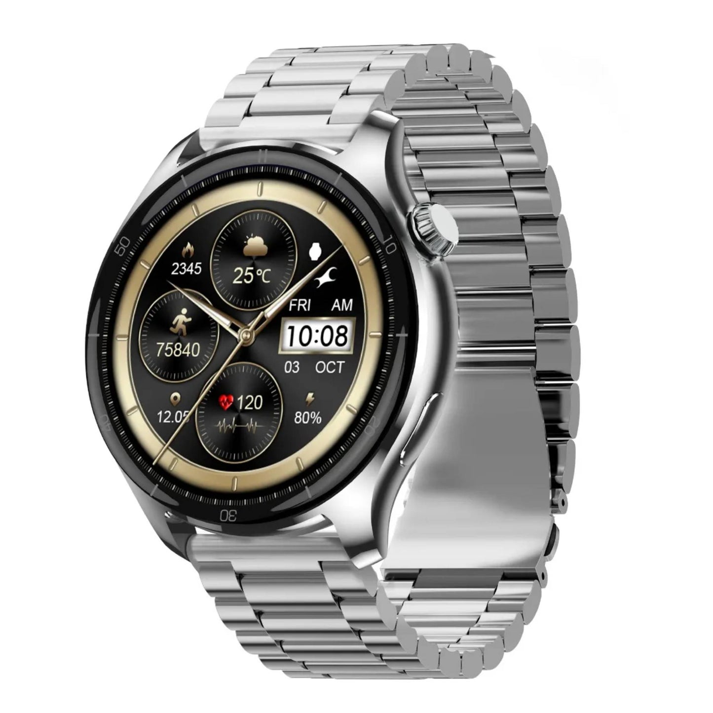 Fastrack Elite Smartwatch with a 1.43″ HD round display, always-on display (AOD), Bluetooth calling, weather updates, daily activity tracking, and a premium metal strap.