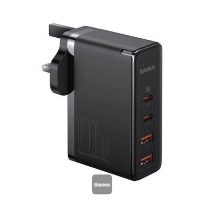Baseus GaN5 Pro 100W 4-Port Fast Charger UK Plug | 2 Type-C + 2 USB-A with 100W Cable – Black