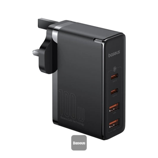 Baseus GaN5 Pro 100W 4-Port Fast Charger UK Plug | 2 Type-C + 2 USB-A with 100W Cable – Black