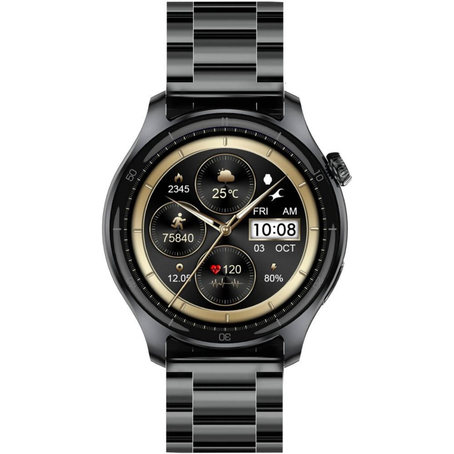 Fastrack Elite Smartwatch with a 1.43″ HD round display, always-on display (AOD), Bluetooth calling, weather updates, daily activity tracking, and a premium metal strap.