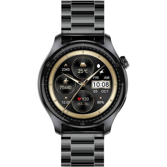 Fastrack Elite Smartwatch with a 1.43″ HD round display, always-on display (AOD), Bluetooth calling, weather updates, daily activity tracking, and a premium metal strap.