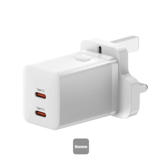 Baseus PD 40W Dual Type‑C GaN5 Pro Fast Charger – Dual USB-C Power Adapter for iPhone 15, MacBook & Samsung | White
