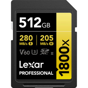 Lexar 512GB Professional 1800x UHS-II SDXC Memory Card GOLD V60 280MB/s
