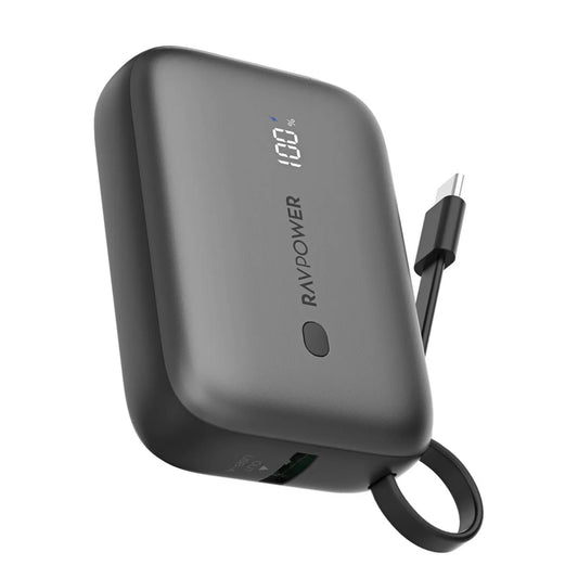RAVPower 3-Port Power Bank, 10000mAh, PD20W, RP-PB1224 | Built-in USB C-Cable