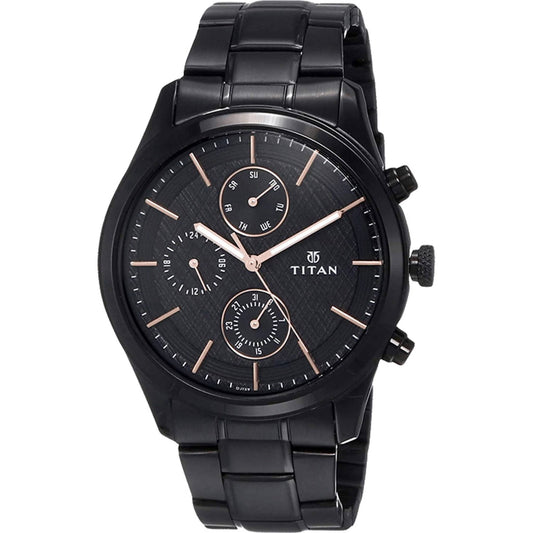 Titan Workwear Multifunction Black Round Dial Black Metal Strap Watch For Men