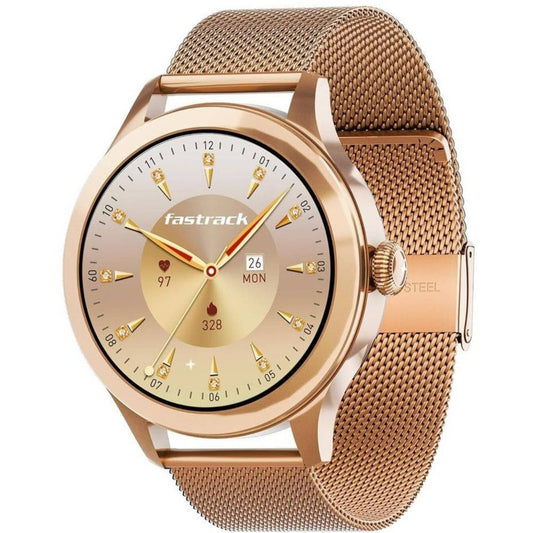 Fastrack Vybe Women’s Smart Watch | Rose Gold Metal body with a vibrant AMOLED round display