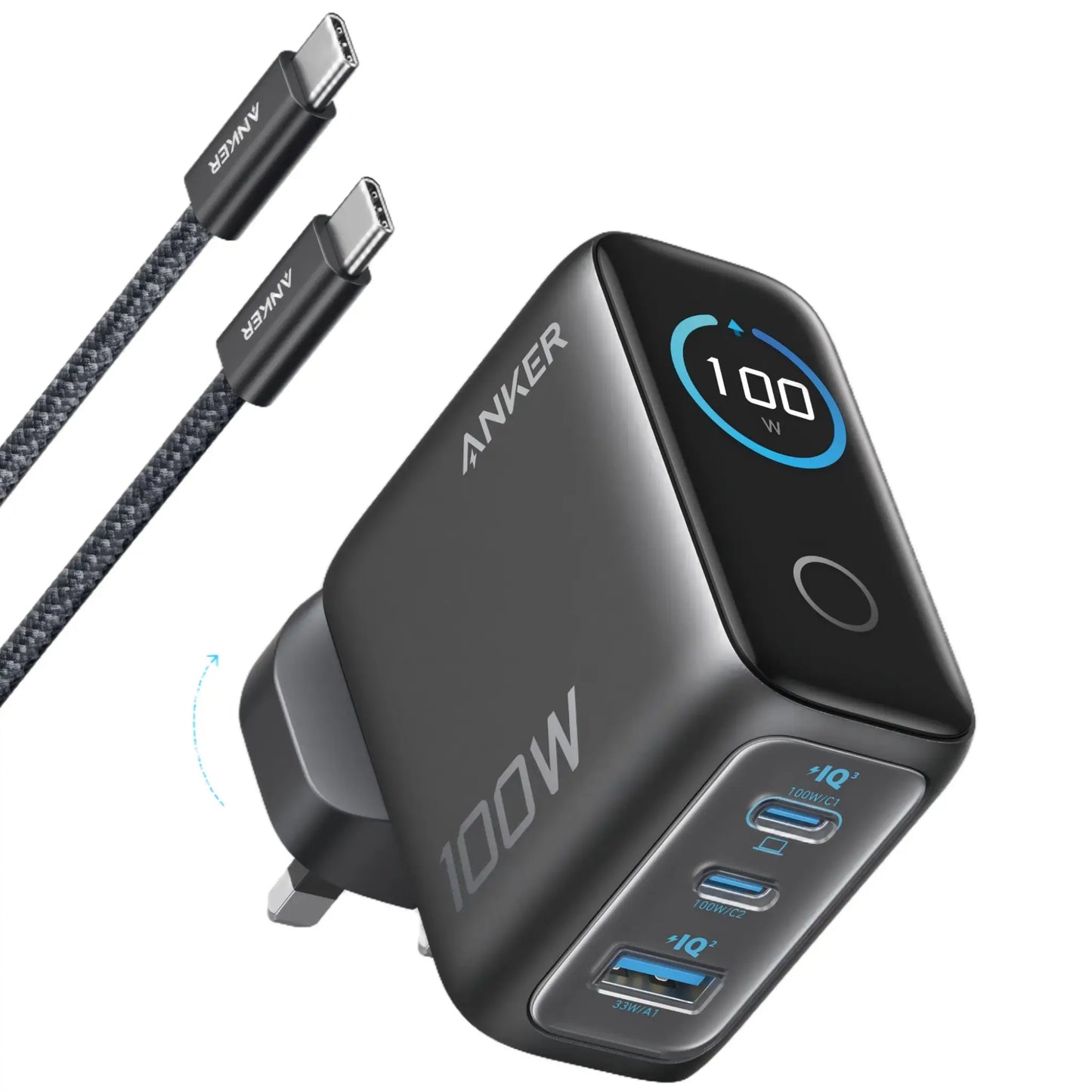 Anker 100W GaN Charger 3-Port with Smart Display | USB-C Fast Charger
