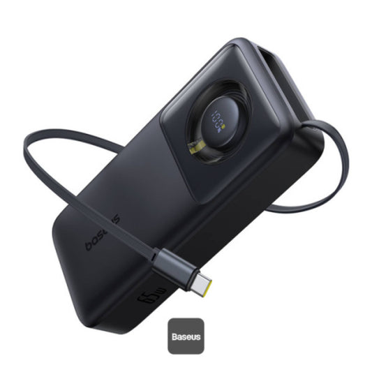 Baseus Free2Pull 20000mAh Power Bank with Built-in Retractable Type-C Cable for Laptop - 65W Fast Charging, Digital Display - Black