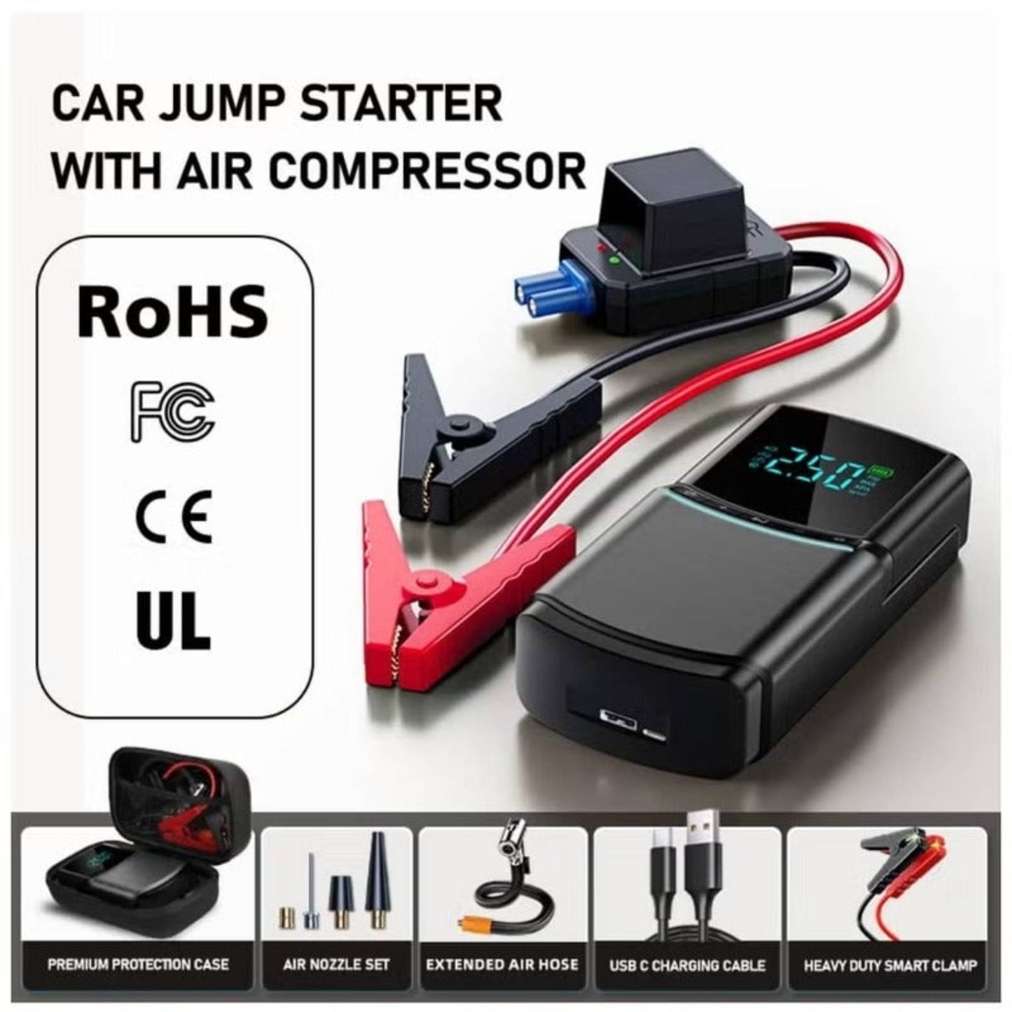 NYORK TH978 4-in-1 Car Jump Starter with 12000mAh Power Bank, Tyre Inflator & Air Compressor – Portable Emergency Kit for Vehicles