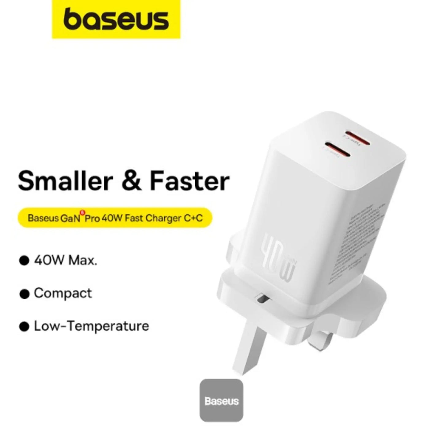 Baseus PD 40W Dual Type‑C GaN5 Pro Fast Charger – Dual USB-C Power Adapter for iPhone 15, MacBook & Samsung | White