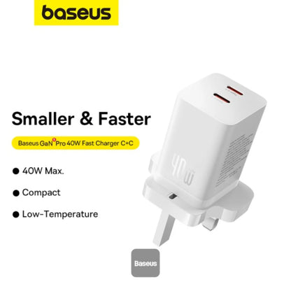 Baseus PD 40W Dual Type‑C GaN5 Pro Fast Charger – Dual USB-C Power Adapter for iPhone 15, MacBook & Samsung | White